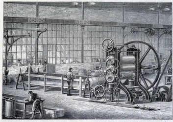 Velká válcovací stolice pro redukci bloků vyčištěné pryže na listy – v „“The Wonders of the industry”” od Louise Figuiera