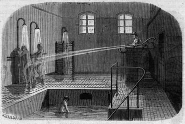 Azyl Sainte Anne (Sainte-Anne) v Paříži: Vodoléčba - rytina v „“Le Journal Illustre““