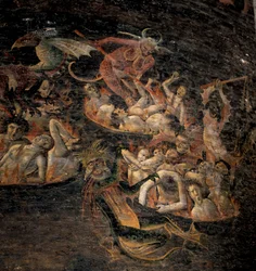 Poslední soud: zatracení do podsvětí sužovaní démonickými stvořeními. Detail fresky 1474-1484. Cathedrale Sainte Cecile v Albi.