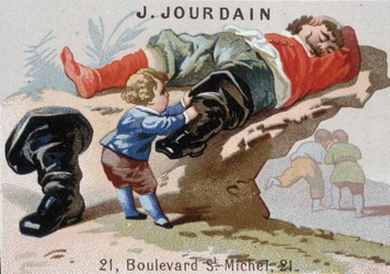 Le Petite Poucet sundává své sedmoligové boty s asoupi ogre - Reklamní značka Jourdain