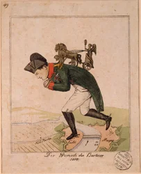 "Přání Berlíňanů"" (Přání Berlíňanů) Karikatura představující císaře Napoleona I. (1769-1821) nesoucího na zádech kvadrigu Braniborské brány přejít Mohuč při obléhání pevnosti Anonymní karikatura