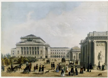 Alexandrinski Theatre (nebo Alexandra) v Petrohradu (The Alexander Theatre in Saint Petersburg). Anonymní dílo, barevná litografie, kolem roku 1830. Klasicismus 19. století. Státní muzeum divadla a hudebního umění, Petrohrad.