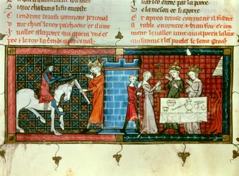 Vlevo: Perceval dostává meč od krále Pescheora. Vpravo: Procesí Svatého Grálu. Miniatura z ""Tale du Grail""