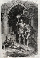 Leon (Leone) delivre Roger (Ruggero, Ruggiero) - rytina z roku 1851 z „“Roland furieux““ (Orlando furioso) (16. století) od Ludovica Ariosta, známého jako Ariosta – vydání přeložené z italštiny hrabětem z Tressanu a vydané od Gustava Harvara