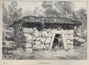 Pelasges (Pelasgové) - rytina z roku 1889 v „Historie lidského obydlí na Všeobecné výstavě v roce 1889, pan Charles GARNIER - Librairie centrale des beaux-arts Paris 1889