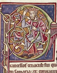 Lettrine P decoree vyobrazení krále země Moab Miniatura z Bible (Ms 3088) Coimbra z 12. století, bibliotéka univerzity