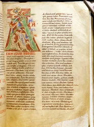 Lettrine: písmeno „A“ představující stvoření Adama (bible of a harding). Miniatura rukopisu „“Treats sur la Trinite de Saint Augustine““ z opatství Citeaux