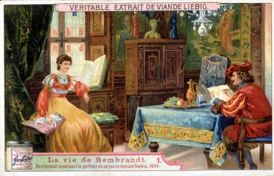 Liebigova chromolitografie o životě Rembrandta (1606 - 1669), holandského malíře. Zde kreslí portrét jeho mladé manželky Saskie v roce 1654.