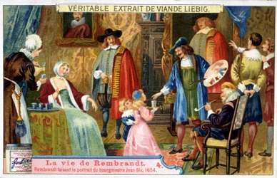 Liebigova chromolitografie o životě Rembrandta (1606 - 1669) holandského malíře, zde portrétujícího starostu Jeana Sixe v roce 1654.