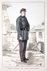 Poručík mírových strážců praporu Versailles (1871-1873). Lept v barvách, pro ilustraci Kniha „Historie sboru mírotvorců“““ vydaná pod záštitou Louise Lepinea (1846-1933), prefekta policie na Seině, od A.