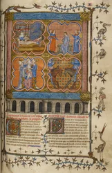 Život Julia Caesara: čtyři miniatury zobrazující jeho narození, rozvod, pontifikát a boj s Pompeiem; text se zdobenými iniciálami a lem s ptáčky a grotesky.