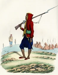 Lehká pěchota Emira Abd-el-Kadera, odpor francouzské armády Afriky během expedice do Alžíru v roce 1830. In “” Storia d