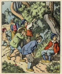 Malý Poucet a jeho bratři se ztratili v lese opuštěném rodiči. Ilustrace pohádky „Le Pepetit Poucet““ od Charlese Perraulta