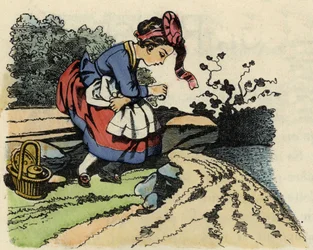 Červená karkulka odpočívá na cestě. Ilustrace pohádky „Červená karkulka“ od Charlese Perraulta