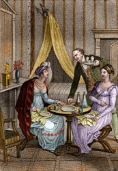 Malá večeře. Olympe de Gouges (1748-1793), francouzská spisovatelka a revolucionářka s Celine jednou z jejích přátel. v „“ Conseils a ma fille „“ od Jeana Nicolase Bouillyho (1763-1842). 1820. Soukromá sbírka.