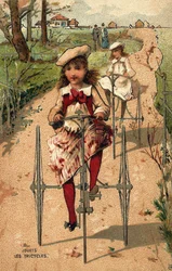 Holčičky dělají tříkolky. Chromolitografie kolem roku 1890.