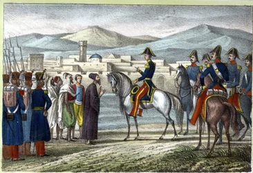 Louis Auguste, hrabě z Bourmontu (Maréchal de Bourmont) (1773-1846) v Alžírsku v roce 1830. ve „Starověkém a moderním Alžírsku““ od Léona Galiberta. Italské vydání v barvě 1846.