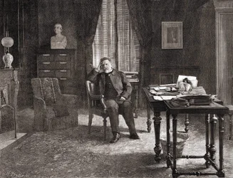 Louis Pasteur ve své kanceláři v ústavu. 19. století rytina.