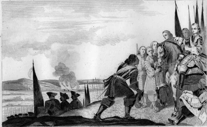 Ludvík XV (1710-74) v bitvě u Fontenoi v roce 1745 - Válka o dědictví Rakouska (1740-1748) - Maurice Saský, marechal Saska (1696-1750), vítěz bitvy u Fontenoy, se setkává s francouzským králem , Louis XV (1710-1774) - Rytina z roku 1825 v „Ahoj