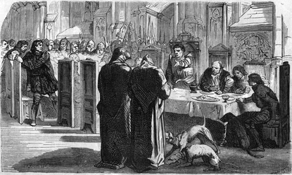 Louis de la Tremoille a jeho zajatci po bitvě u Saint-Aubin-du-Cornier (1488). Rytina 19. století.