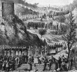 Lurdy 1864: průvod do jeskyně na inauguraci sochy Marie Immaculee.