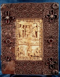 Spodní miska žaltáře od Karla Baldého (Karel II.) (823-877): slonovinová miniatura zobrazující Nathana, který přišel zabít dítě, ne z cizoložného vztahu izraelského krále Davida a Betsabee. 850-875. Paříž, B.N.