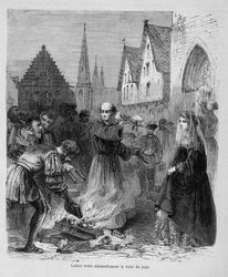 Luther slavnostně spálí papežovu bublinu – v „Histoire des Popes““ od Maurice Lachatre, sd. 19. století