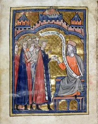 SLEČNA. Marlay. Add.1.f2b De Re Militari, Vegetius přijímá mladého prince Edwarda (1239-1307) a jeho společníky, kolem 1270 (vellum)