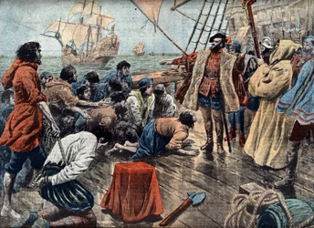 Magellan (1480-1521) uklidňuje vzpouru své posádky na ostrově San Julian v roce 1520 (rytina)