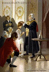 Kouzelné sezení Giuseppe Balsama, známého jako Alexander, hrabě z Cagliostro (1743 - 1795). chromolitograf z konce 19. století.