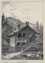Maison Scandinavian (Skandinávský dům) - rytina z roku 1889 v „Historie lidského obydlí na Světové výstavě v roce 1889, pan Charles GARNIER - Librairie centrale des beaux-arts Paris 1889