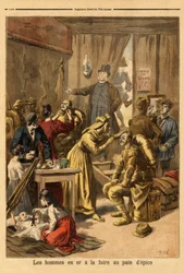 Líčení herců živého obrazu „“muži ve zlatě“““ na veletrh perníku. Rytina v „“ Le petit journal““ 16.4.1894. Selva sbírka.
