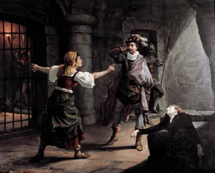 Manrico a Azucena jsou uvězněni v paláci Aliaferia, Leonora se je snaží zachránit Ilustrace k „“The find““ (Il trovatore) od Giuseppe Verdiho (1813-1901). Litografie kolem roku 1880. Soukromá sbírka