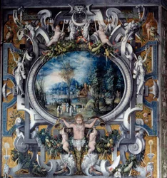 Plášť komína na poctu Julesi Cesarovi v pokoji římských hrdinů Anonymní obraz. Kolem roku 1547. Poslouchejte, Národní muzeum renesance