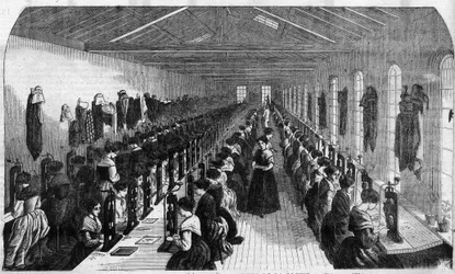 Výroba cementového pera: dělníci při realizaci štěrbiny pera v závodě v Birminghamu - Gravírování v „“Le Journal Illustrous““