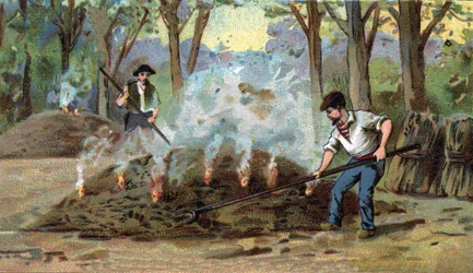 Výroba dřevěného uhlí, spalovací pec. Chromolitografie konce 19. století