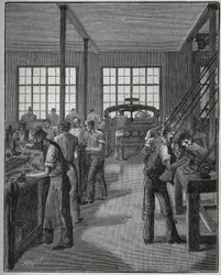 Výroba držáku na tužky (držák na tužky) a držáku na tužky (držák na tužky). Rytina z roku 1885 v „“Les arts et metiers illustres““ od Adolphe BITARDA.