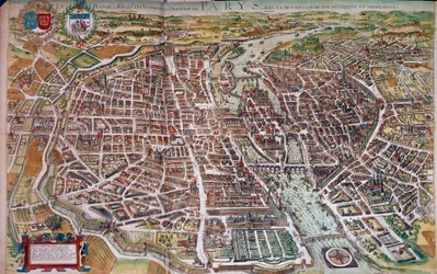Mapa a mapa Paříže s výhledem na ostrovy a předměstí. 17. století. Paříž, B.N.