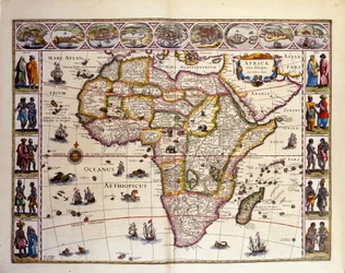Mapa Afriky z atlasu Williama Blaeua. Na vrcholu jsou města Tanger, Ceuta, Alžír, Tunis, Alexandrie, Alcair, Mosambik, Saint Georges de la Mina, Kanárské ostrovy. Různé ostrovy jsou také zastoupeny mimo Afriku, ostrovy Mascareignes, Mada