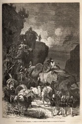 Pochod anglické armády směrem k náhorní plošině Dalanta za vojsky císaře Theodora (cca 1818-1868) se slony pro přepravu děl. Rytina k ilustraci příběhu „les captifs de Theodoros“ od doktora Henryho Blanca