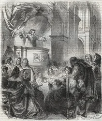 Marie de Rabutin-Chantal (Rabutin Chantal), markýza ze Sevigne známá jako Madame de Sevigne (1626-1696), poslouchejte Louise Bourdaloue (1632-1704) francouzsky v kostele jezuitů, Saint-Louis v Paříži - rytina z roku 1866