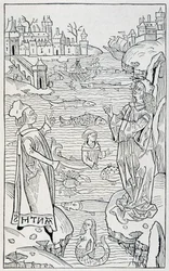 Mořská zvířata a nestvůry - titulní strana kapitoly „“ De Piscibus““ z „“ Hortus Sanitatis“, vydání Mainz z roku 1491