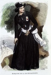 Marquise de La Rochejaquelein (nebo La Rochejacquelein) (1772 - 1857) (na hrudi insignie Vendéenů), rytina 19. stol.
