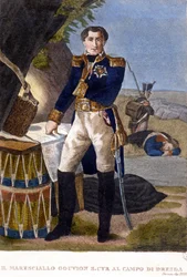 Maršál Laurent Marquis de Gouvion Saint Cyr (1764 až 1830) v bitvě u Drážďan v roce 1813. rytina 19. stol.