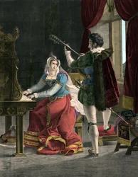 Mary Stuart a David Rizzio - Marie (Mary) Iere Stuart (1542-1587) s Davidem (Davide) Rizzio - rytina z 19. století
