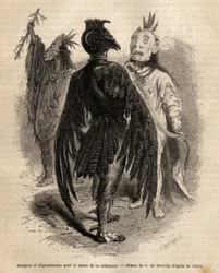 Masky a převleky pro tanec medicíny mezi indiány Naya. Rytina pro ilustraci exkurze mezi indiánskými kmeny povodí Kolumbie a Horní Missouri, od G. Catlina, v roce 1855, publikovaná v „“ le tour du monde“ pod vedením