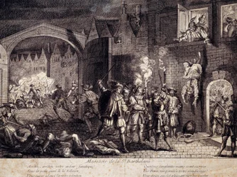 Masakr svatého Bartoloměje (Saint Barthelemy) v Paříži v noci 24. srpna 1572. Rytina z 16. století. Pau, Musee du Chateau