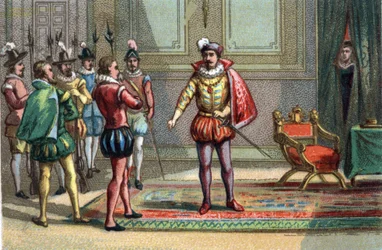 Masakr svatého Bartoloměje, vévoda z Conde a Jindřich Navarrský byli přivedeni ke Karlu IX., francouzskému králi (1550-1574), který jim nabídl volbu mezi mší a smrtí. Catherine de Medicis (Caterina de Medici) (1519-1589) pozoruje scénu. Chrom