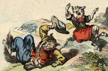 Mistr liška si hraje s kozičkou. Ilustrace příběhu „Bon medor a malý Chevrette““. V „“ Pohádky z domova pro nejmenší““. Anonymní rytina 19. století.