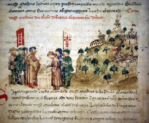Mastino II. della Scala (1308 - 1351) předává městu Florencii mnoho pozemků z Luccy, kolem roku 1300 - v „Croniche del Sercambi“, kolem roku 1400. Národní archiv, Lucca.